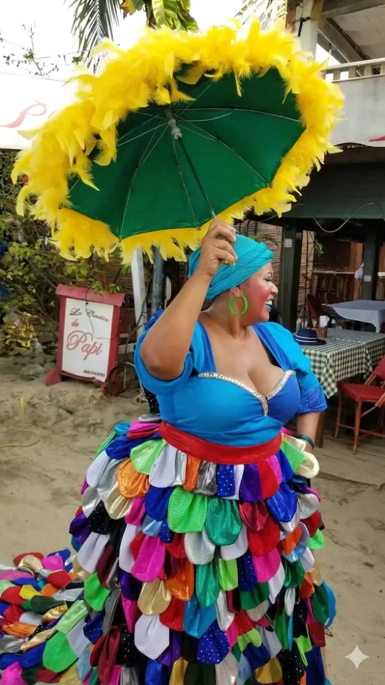 Carnaval Dominicano performer in blue dress with feathered umbrella