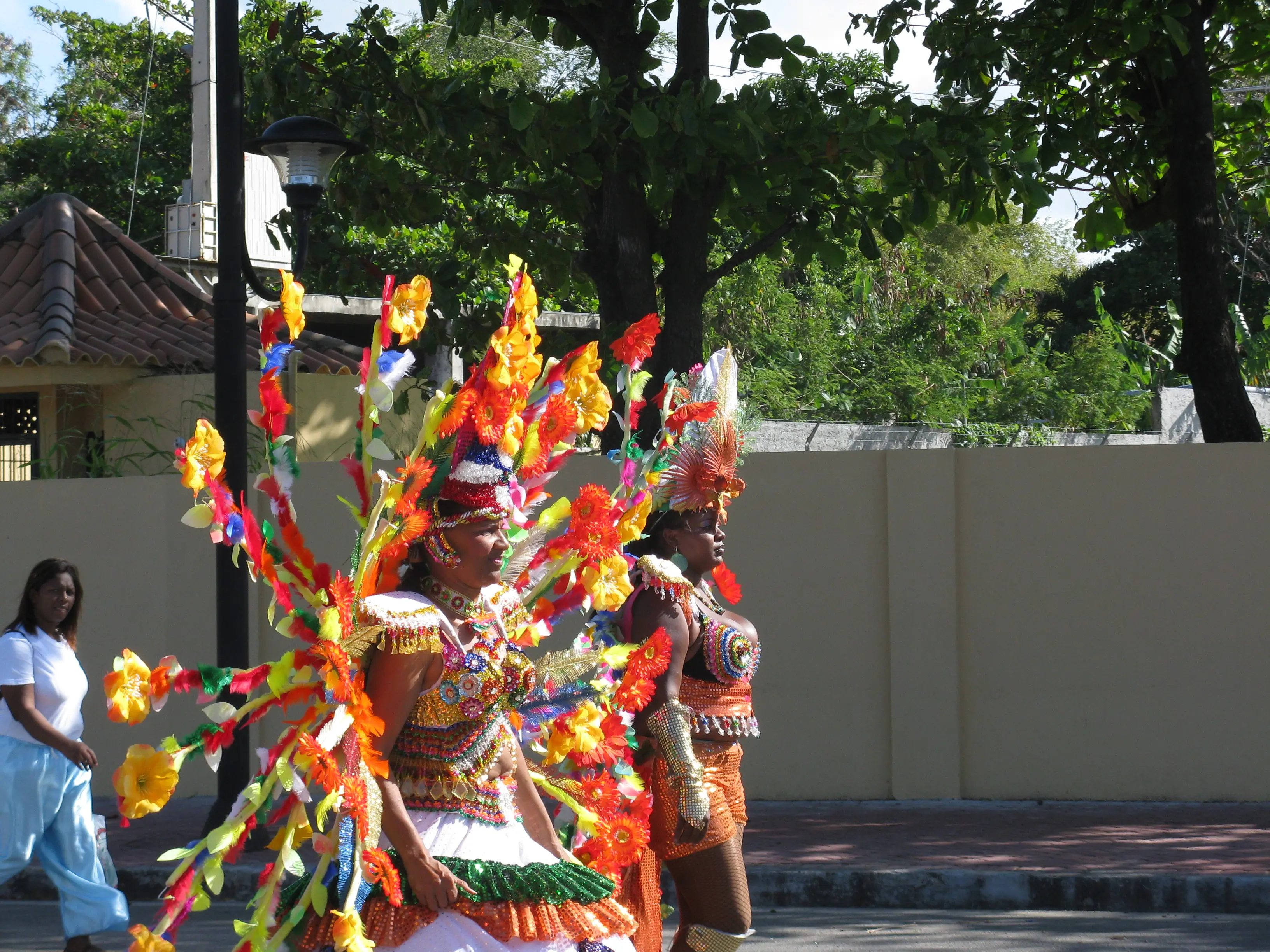 Carnaval performers in orange flower headdress costumes dancing during the February parade