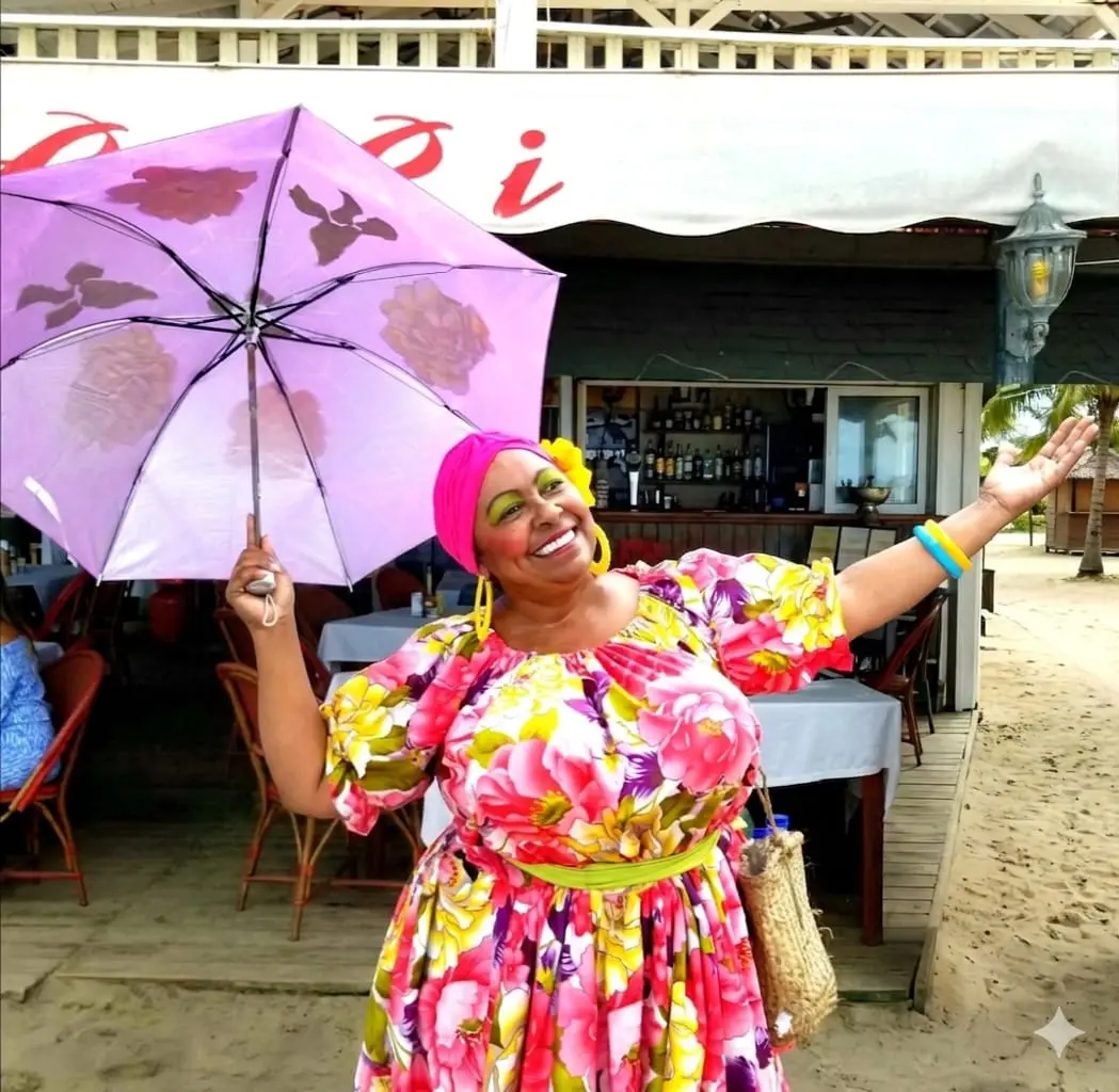 Carnaval Dominicano performer in colourful floral dress on Cabarete beach
