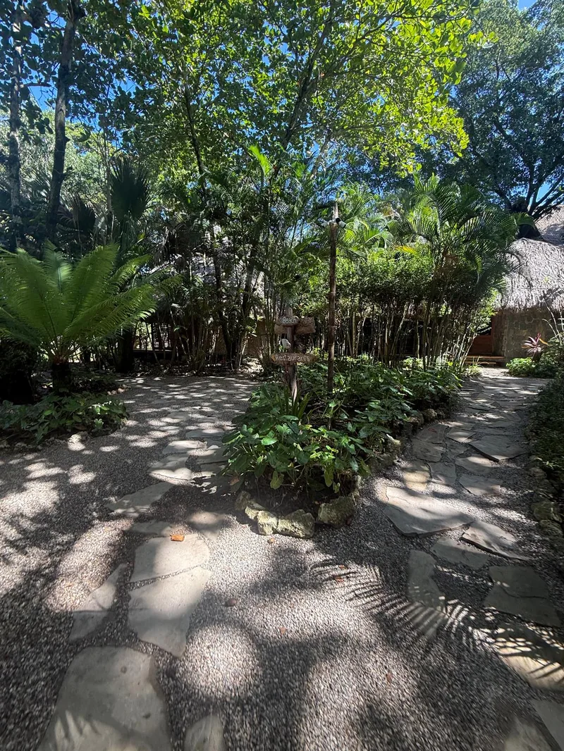 Garden pathway to the beach and restaurants at Natura Cabana, Perla Marina